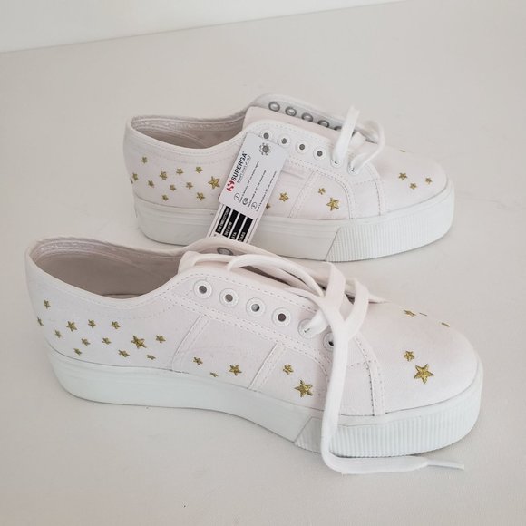 NWT Superga Cotu 2790 Embroidered Gold Star Platform Sneaker White Sz 10 Euro 41 - Picture 3 of 13